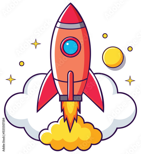 Cartoon Rocket Launching with Stars and Clouds.