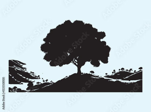 Tree atop a grassy hill, springtime nature background