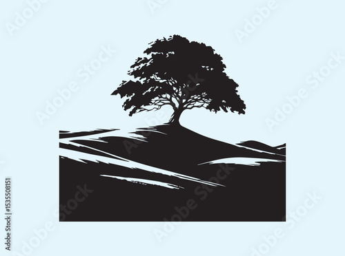 Vibrant tree on a rolling hill, captured from a low angle