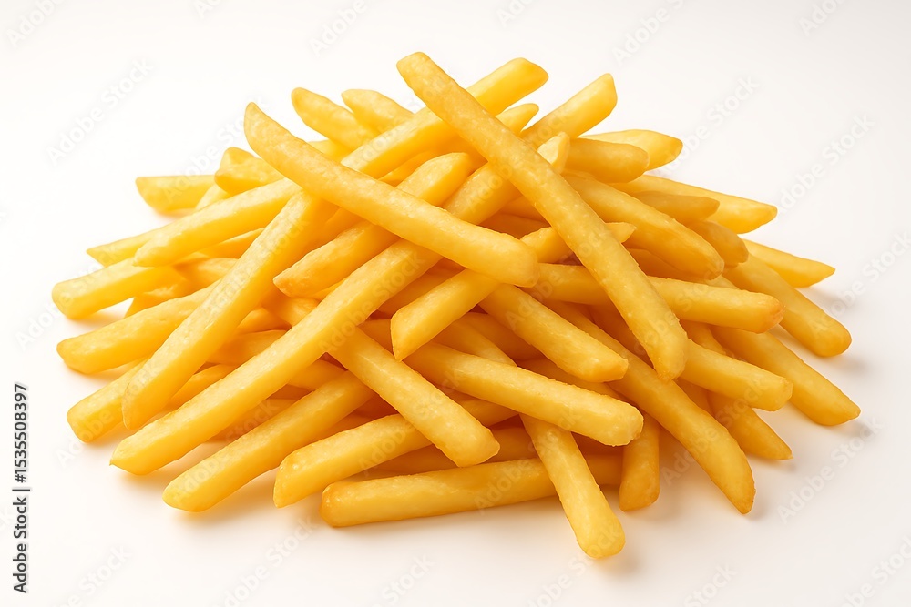 A pile of golden french fries on white background A pile of golden french fries on white background
