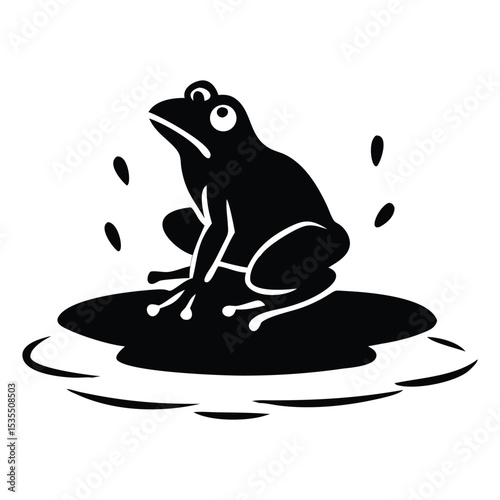 Silhouette of a frog sitting on a lily pad, with stylized rain falling around it. Represents monsoon wildlife and the aquatic environment. Vector graphic.