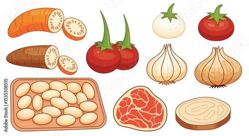 A Variety of Fresh Food Items Including Vegetables Root Crops and Meat Illustration