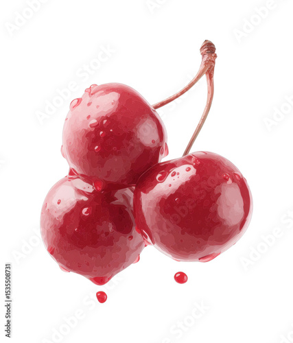 Three fresh red cherries with water droplets on black background