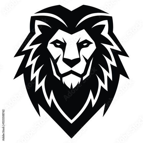 Powerful black and white lion head emblem vector illustration symbolizing strength and courage