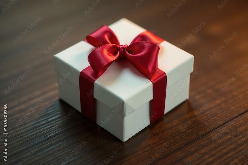 Obraz premium Elegant gift box on smooth wood, ample copy space , table, dark wood, white box