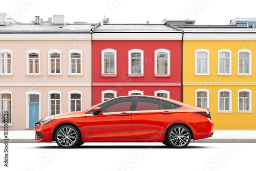 Car Parked Near a Vibrant City Square Isolated on White Background, Depth of Field