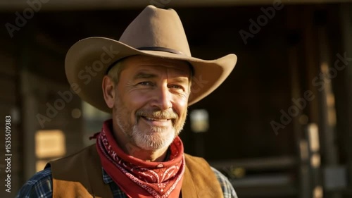 Friendly senior cowboy with a grey beard tipping his hat and smiling. Mature man in western attire at a ranch during golden hour. American West tradition.