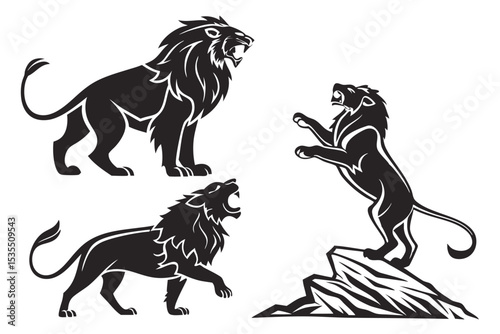 Powerful vector illustrations of lions roaring and posing in various dynamic action stances