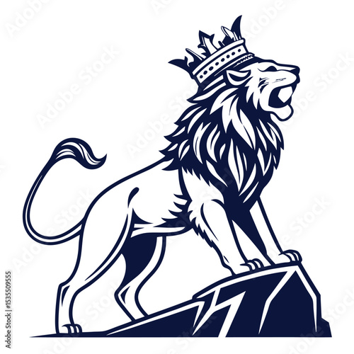 Regal lion wearing a crown roaring proudly from a rock formation in a vector illustration