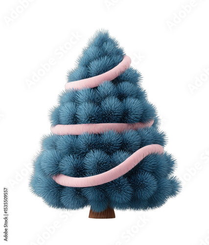 Fluffy blue christmas tree with pink garland decor