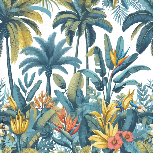 tropical vintage botanical palm trees, banana tree, plants seamless border white background. Blue jungle mural. Vector illustration