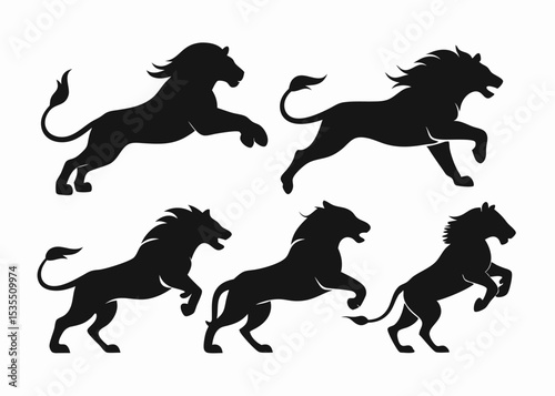 Set of running and jumping lion silhouettes in black suitable for logos and designs