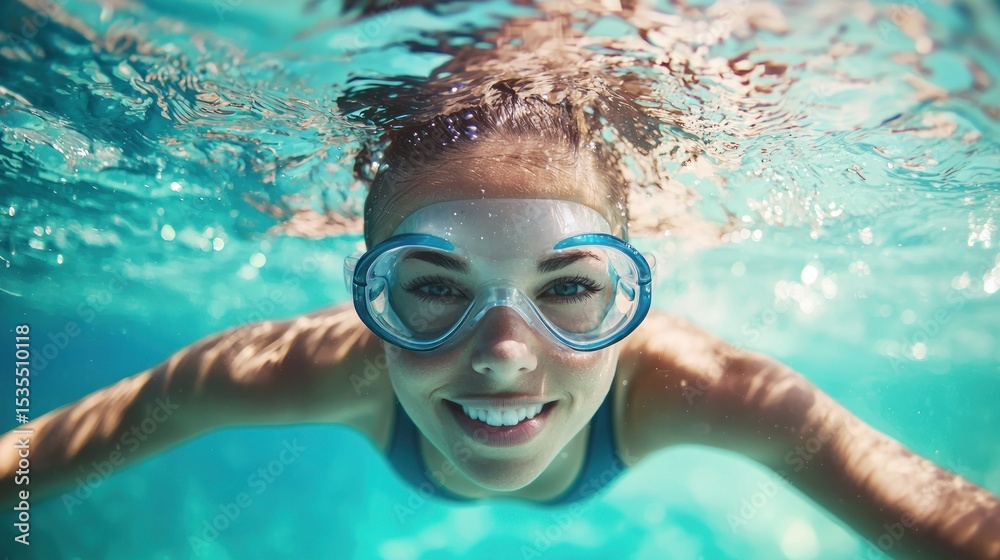 Fototapeta premium A young woman in a blue swimsuit is swimming underwater, wearing goggles and smiling.