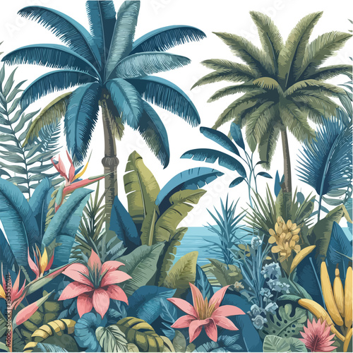 tropical vintage botanical palm trees, banana tree, plants seamless border white background. Blue jungle mural. Vector illustration
