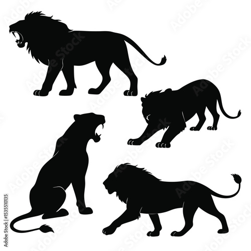 Silhouette collection of majestic lions and lionesses in various dynamic poses on white backgrounds