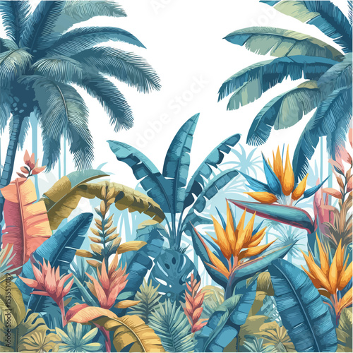tropical vintage botanical palm trees, banana tree, plants seamless border white background. Blue jungle mural. Vector illustration