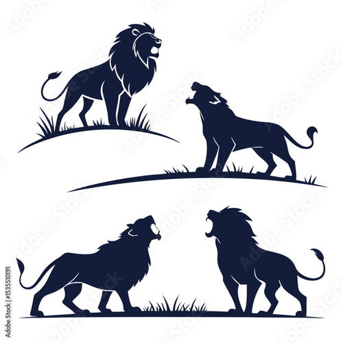Silhouette collection of roaring majestic lions on a white background in a simple vector style