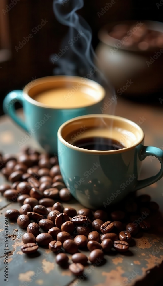 Fototapeta premium Two steaming coffee cups, roasted beans scattered on rustic stone , still life photography, marble, comfort
