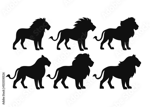 Silhouette set of six majestic lions standing side profile for design and decorative purposes