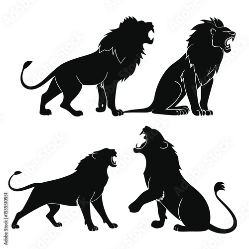 Silhouetted roaring lions set in different poses depicting strength and wildness