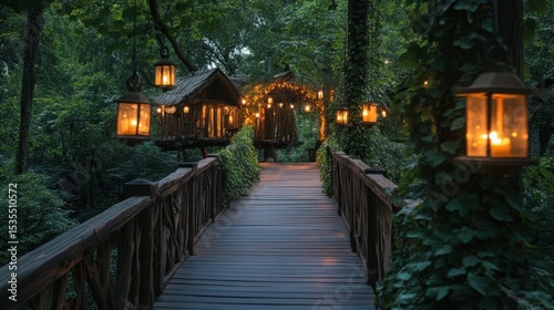 Enchanting treehouse village with cozy lanterns illuminating the wooden pathway