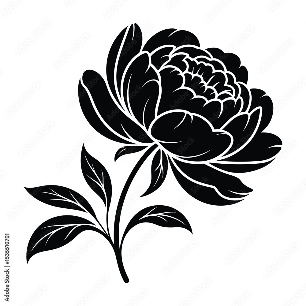 Obraz premium Elegant Single-Stroke Peony Floral Frame Silhouette, Vector, Illustration, Icon, Logo, White Background.