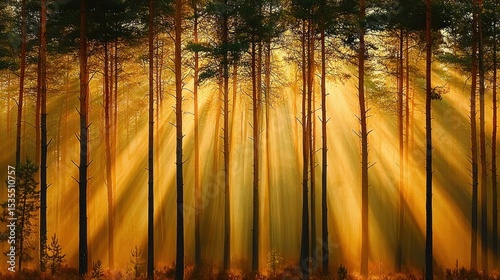 Enchanting woodland: Sunbeams filtering through a dense pine forest at dawn