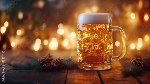 Festive Beer Mug with Pine Cones: A Holiday Celebration on Wooden Table