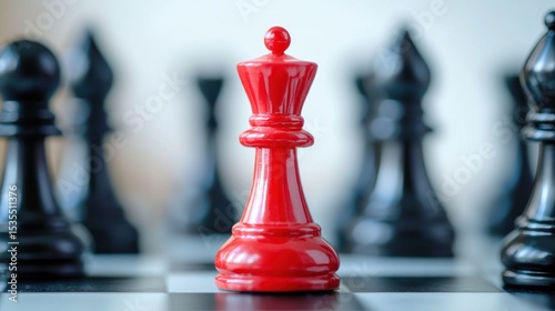 A red chess piece on a chessboard with black pieces in the background.