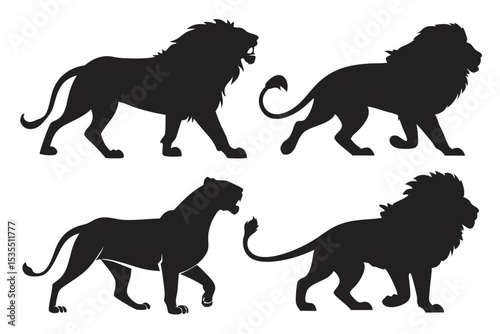 Vector silhouettes of lions and lioness in various poses for wildlife and nature designs