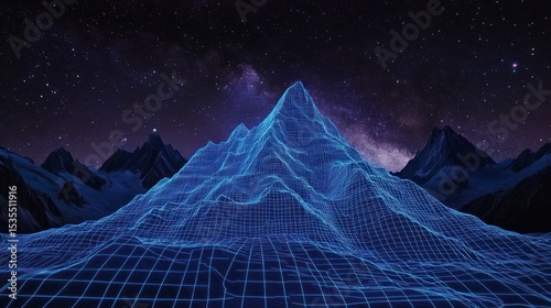 Futuristic mountain landscape with glowing grid against a starlit night sky