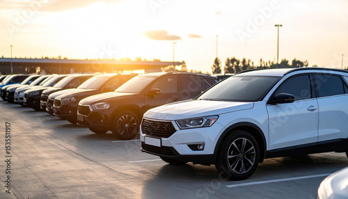 Back View of Modern New SUV Cars Fleet Parked at Dealership Lot for Auto Sale and Commercial Inventory
