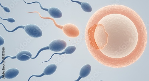Sperm Fertilizing Egg Illustration Showing Reproduction Process in Gray Background