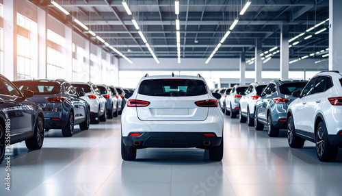 Back View of Modern New SUV Cars Fleet Parked at Dealership Lot for Auto Sale and Commercial Inventory