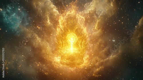 Golden celestial entity surrounded by cosmic dust and glowing nebulae in space