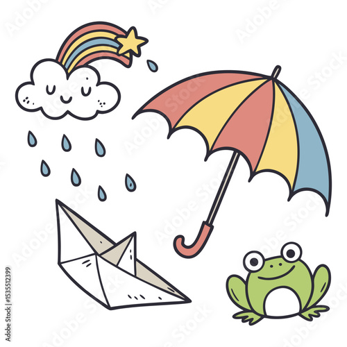 A vibrant and colorful vector set featuring essential monsoon elements like an umbrella, rain cloud, raindrops, paper boat, and a frog. Flat design style, ideal for seasonal graphics.