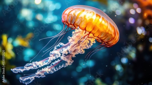 Illuminated Jellyfish Drifting Gracefully in the Azure Depths of the Ocean
