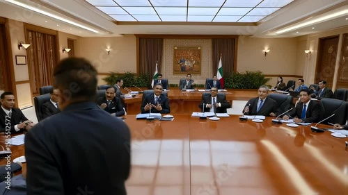 Political delegates engaging in high level discussion within luxurious conference room, representing international diplomatic negotiations and strategic partnership