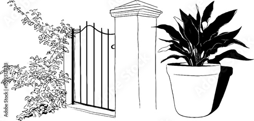 Garden entryway design with barrier gate and potted plant line art illustration