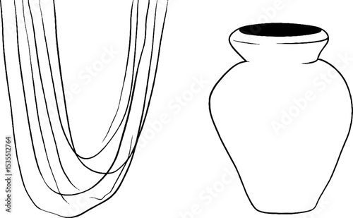 Minimalist line art set featuring beaded curtain and vase design for home decor