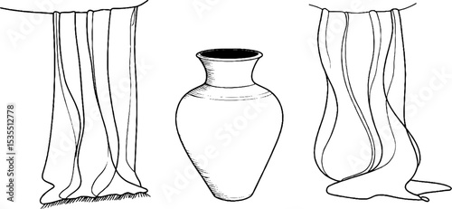 Line art set of beaded curtains and vase for interior design and decoration projects