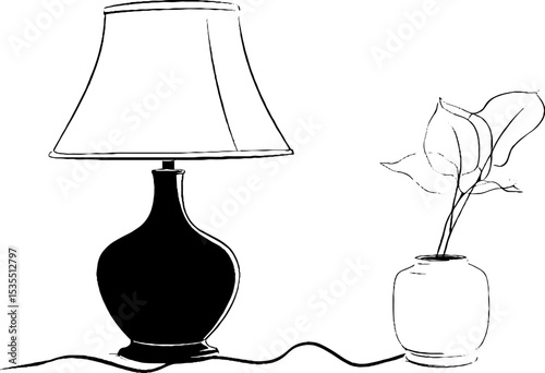 Minimalist line art illustration of bedside lamp and potted plant - stylish home decor theme