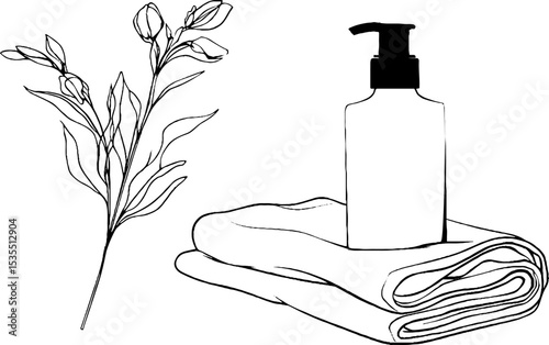 Minimalist line art set featuring body lotion pump and floral element for skincare designs