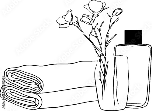 Elegant line art illustration of body mist, flowers, and towels for spa and wellness design