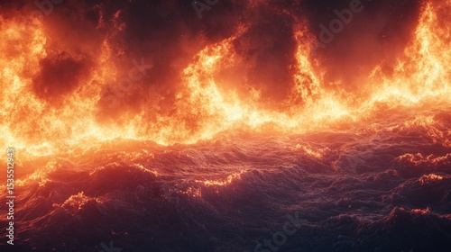 Inferno sea: dramatic fiery sky reflects onto turbulent ocean waves at dusk