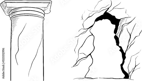 Intricate line art set: broken column and cracked wall design for artistic projects