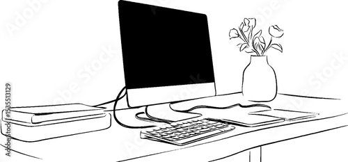 Minimalist line art of desk setup with cable organizer and decor