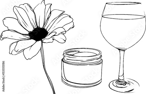 Minimalist line art set featuring calming balm, daisy flower, and wine glass