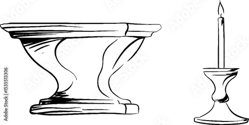 Black and white line art of carved wall pedestal and candle holder for decorative design