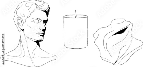 Minimalist line art set featuring ceramic bust and abstract objects for artistic home decor
